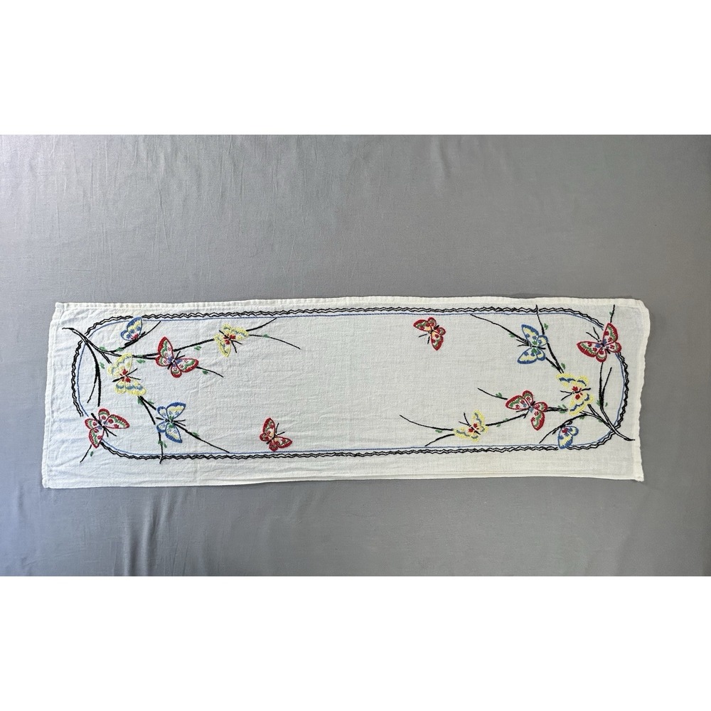 Vintage Cotton Table Runner Hand Towel Embroidered Butterflies 35.75"x11" Wear